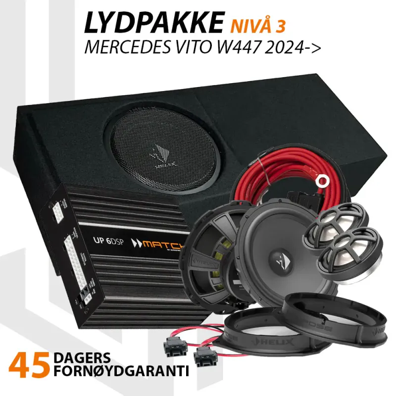 Match Lydoppgraderingspakke Mercedes Vito W447 2024-> Nivå 3 - Ekstra kraftig DSP-forsterker, 10`` basskasse under lasteluke og høyttalere