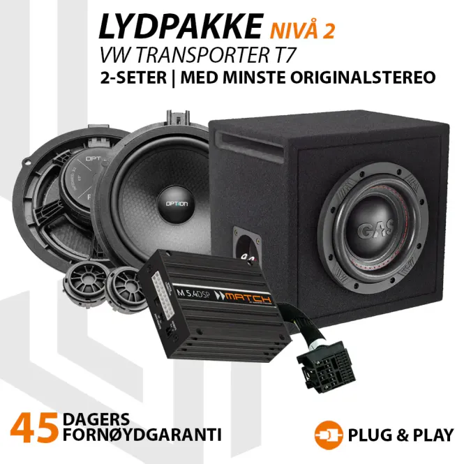 Hovedbilde Match Lydoppgraderingspakke VW Transporter T7 Match DSP-forsterker, basskasse og høyttalere. Kan benyttes i både 2- og ...